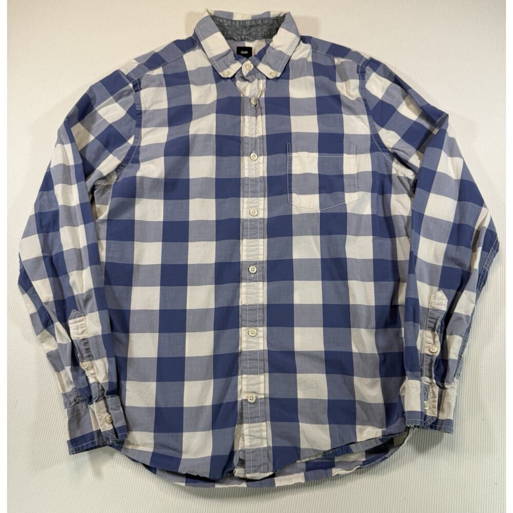 Gap Mens Medium Blue White Buffalo Check Button Down Shirt Cotton